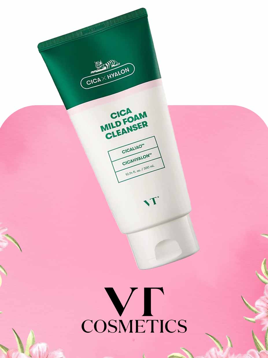 Cica Mild Foam Cleanser by VT Cosmetics on a pink background 