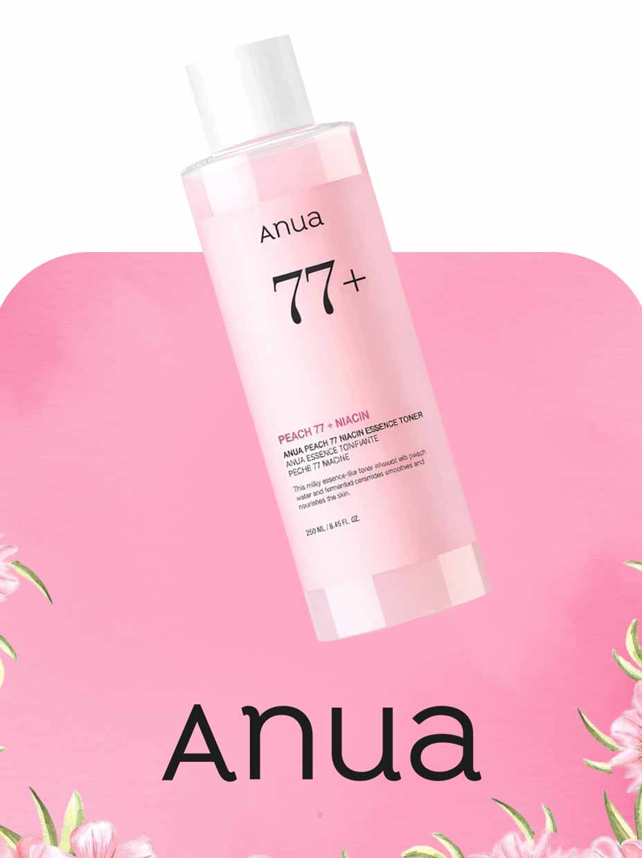Anua skincare bottle on a pink background with floral elements