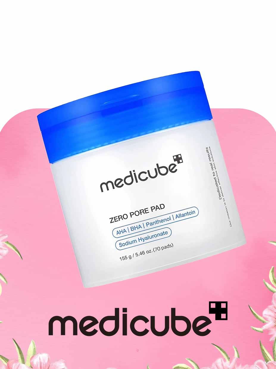 Medicube Zero Pore Pad packaging on a pink background