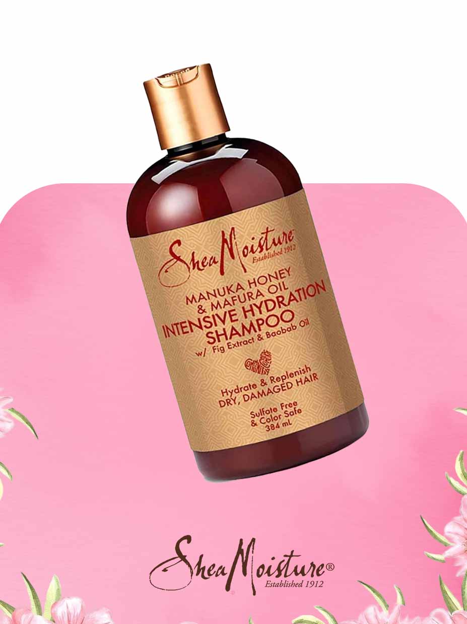 SheaMoisture shampoo bottle on a pink background 